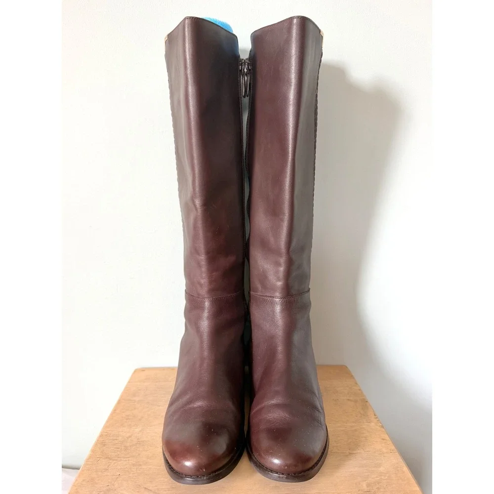 Cole Haan Rockland Brown Leather Woven Stretch Back Tall Riding Boots Size 6
